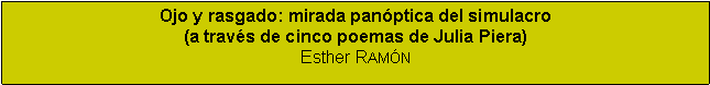 Cuadro de texto: Ojo y rasgado: mirada panóptica del simulacro(a través de cinco poemas de Julia Piera)Esther Ramón